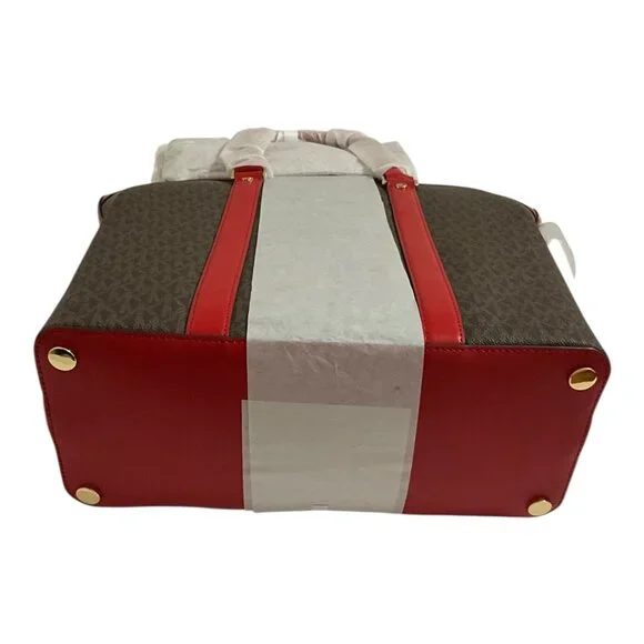 Michael Kors Bedford Travel Large Logo Stripe Dome Tote Bag Red NEW - Picture 5 of 7